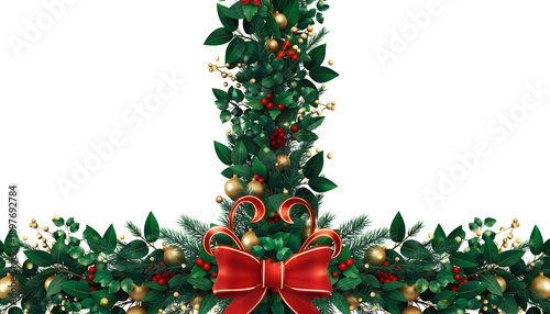 Lush green Christmas garland with red berries, golden baubles, and a prominent red bow, isolated on a transparent background for festive design.