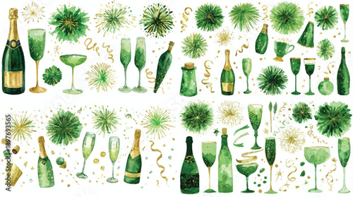 Lively green and gold festive elements, abstract patterns and scattered confetti for joyful events