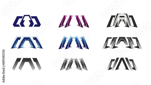 Abstract geometric logo elements, modern design, multiple color variations, futuristic shapes