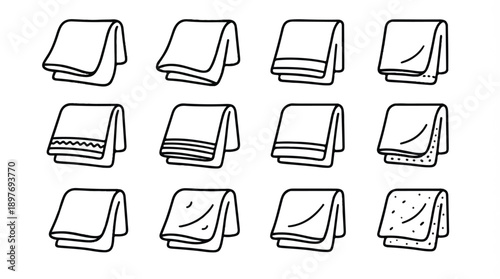 Minimalist line art collection of 12 neatly folded towels, simple and clean design for hygiene