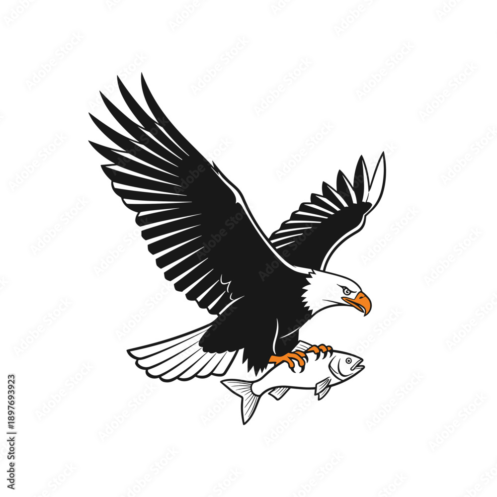 Obraz premium An eagle with a wide wingspan flies through the sky and holds a fish in its claws. Vector illustration.