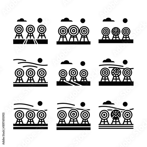 Archery Targets Set: Outdoor Shooting Range Icons with Clouds and Sun