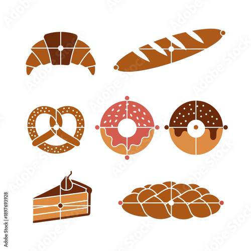 Assortment of Baked Goods Icons: Croissant, Pretzel, Donut, Cake, Bread