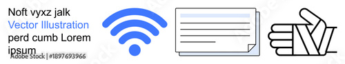 Communication, networking, approval, document exchange, wireless technology, business process. Blue wireless symbol, document and thumbs-up icon. Networking and communication concept