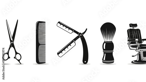 Barber Tools and Chair Icons: Scissors, Comb, Razor, Brush, Vintage Barber Chair