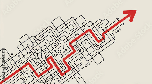 Intricate black and red maze, abstract lines and shapes creating a complex labyrinth from bottom left