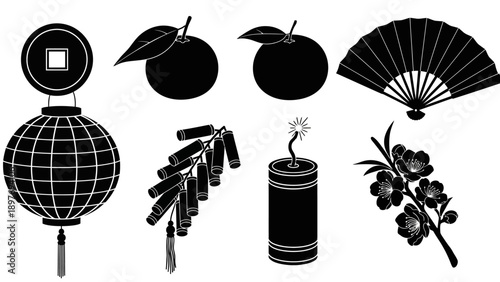 Chinese New Year Symbols Silhouette: Lantern, Firecrackers, Oranges, Fan, Peach Blossom
