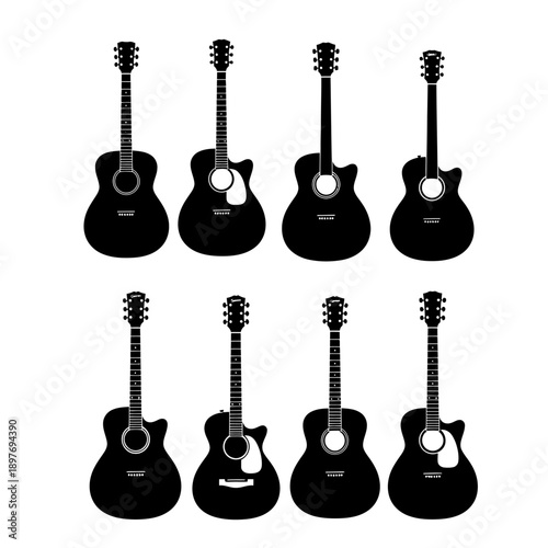 Collection of Acoustic Guitars Silhouettes on White Background
