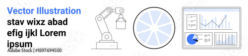 Robotic arm lifting object, abstract gear, and data graphs with charts, emphasizing innovation. Ideal for automation, engineering, manufacturing, technology, AI data analysis simple landing page