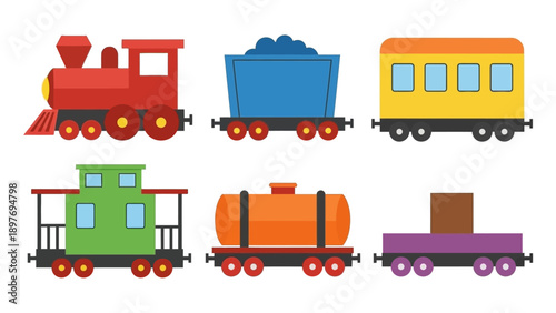 Colorful Cartoon Train Collection: Engine, Coal Car, Passenger, Caboose, Tanker, Flatbed