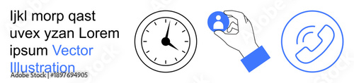Business planning, user access, identity confirmation, communication, customer service, efficiency. Clock, user profile hand and phone call. Business planning and user access concepts
