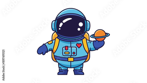 Cute Astronaut Holding Planet, Cartoon Style, Space Exploration
