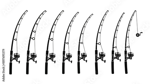Fishing Rods Lined Up Showing Different Bends and Flexibility