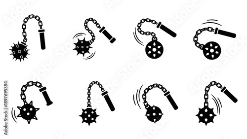 Flail Weapon Icons Set: Medieval Weapon, Spiked Ball on Chain, Combat Icon