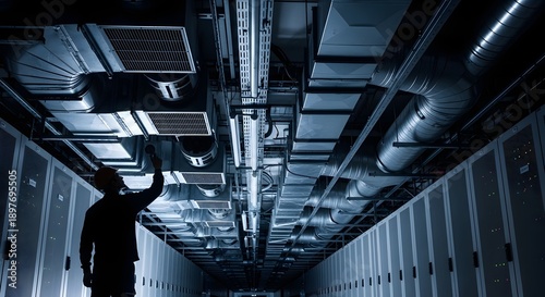 Silhouette of Technical Worker Inspecting Industrial Ventilation System Inside Data Center

