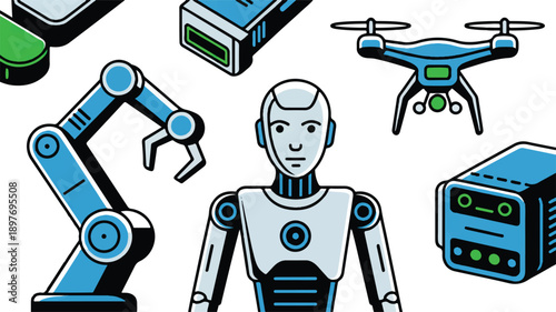 Futuristic robotic arm and futuristic robotic head, advanced technology concept, cyberpunk aesthetic