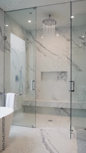 A modern bathroom with a large walk-in shower and bathtub video