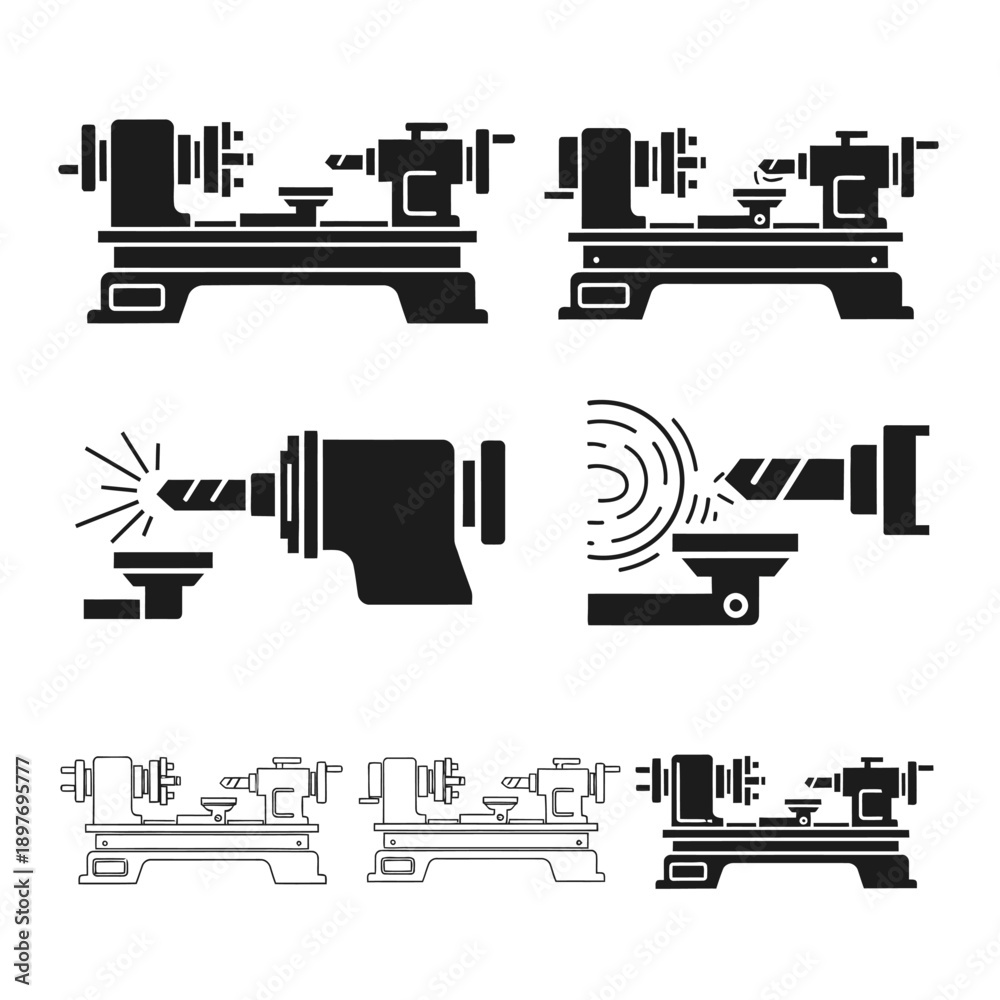 Obraz premium Lathe Machine Icons Set: Metalworking, Woodworking, Drilling, and Engineering Tools