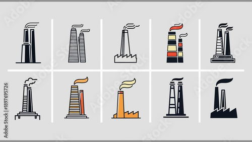 Industrial Factory Chimneys Icons Set: Pollution, Energy, Manufacturing, Power Generation