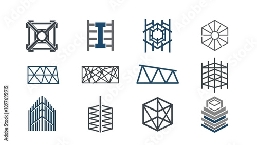 Modern Construction and Engineering Icons: Structures, Scaffolding, Trusses, and Buildings