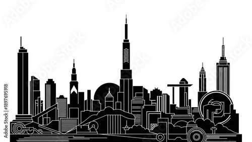 Modern City Skyline Silhouette Black and White Vector Illustration