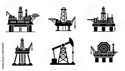 Offshore Oil Rig and Pumpjack Icons Set: Industrial Energy Production Symbols