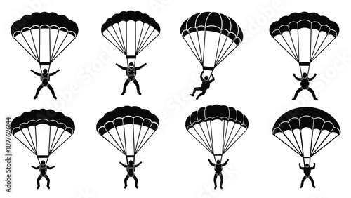 Parachuting Silhouettes: Set of 8 Diverse Skydiver Poses in Mid-Air