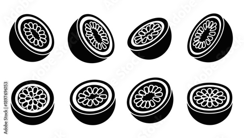 Passion Fruit Halves Collection, Black and White Icons, Fresh Tropical Fruit Slices