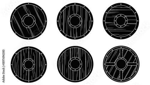 Set of 6 Viking Shields, Round Wooden Shields with Metal Rim and Boss, Black and White Vector Graphics
