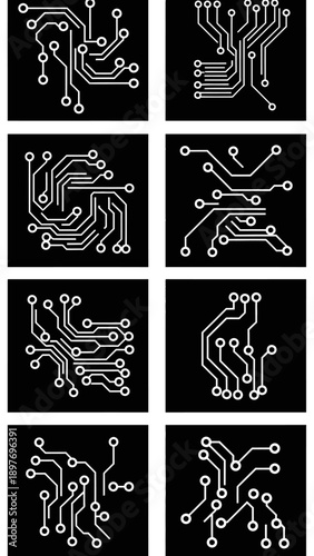 Set of 8 Circuit Board Patterns, Electronic Components, Technology Backgrounds