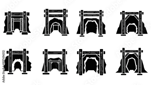 Set of Black and White Mine Entrance Icons, Mining Tunnel Entrance Designs