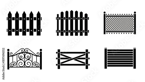 Set of Black Fence Icons: Picket, Wrought Iron, Chain Link, and Wooden Gate