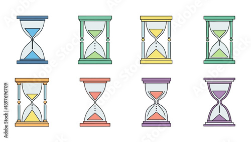 Set of Colorful Hourglasses, Sand Timers, Time Measurement Icons, Vector Illustration