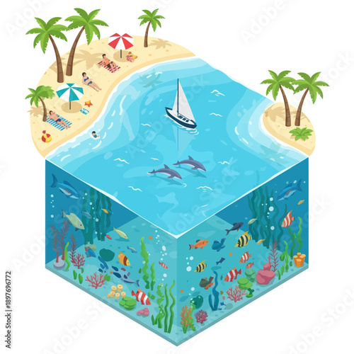 Underwater Scene with Marine Life and Sailboat.