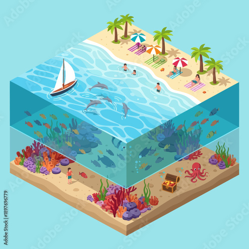 Isometric Illustration of Ocean Ecosystem Layers.