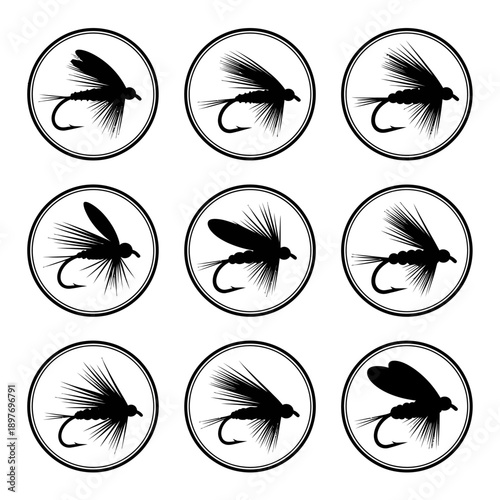 Set of Fly Fishing Lures Icons, Silhouette Collection