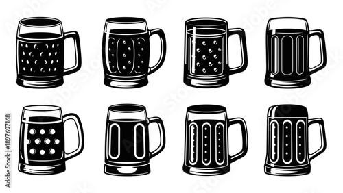 Set of Vintage Beer Mugs Collection, Black and White Engraving Style