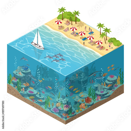 Isometric Illustration of Underwater Scene with Beach.