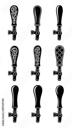 Set of Vintage Beer Tap Handles with Ornate and Geometric Designs