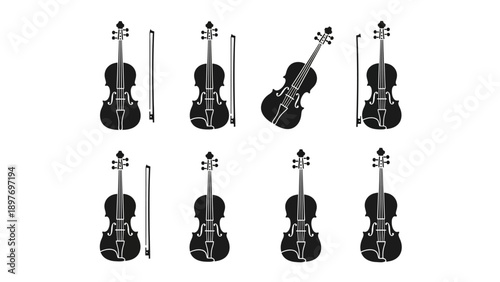 Set of Violin Icons, Musical Instrument Silhouettes, Vector Graphics