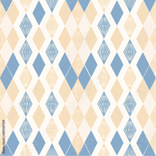 Circus carnival blue and beige vintage seamless pattern. Soft harlequin rhombus background. Wrapping texture backdrop with diamond shape pattern. 