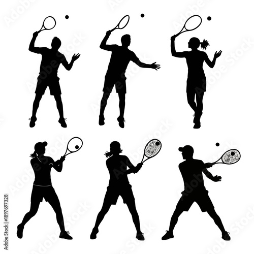 Tennis Players Silhouettes: Action Shots of Men and Women Playing Tennis