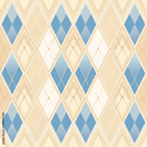 Circus carnival blue and beige vintage seamless pattern. Soft harlequin rhombus background. Wrapping texture backdrop with diamond shape pattern. 