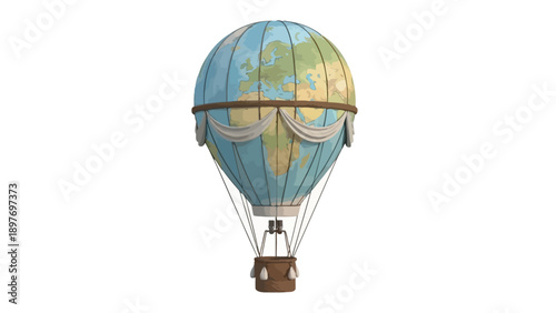 Vintage Globe Hot Air Balloon Flying Over World Map, Adventure Travel Concept