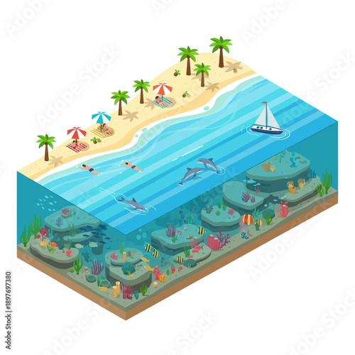 Isometric Illustration of Underwater Ocean Scene with Beach.