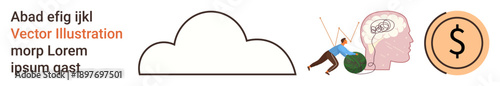 Mental health, cognitive load, time management, productivity, finance, business concepts. Stylized cloud, brain person pushing a ball and currency symbol. Mental health and cognitive load concept