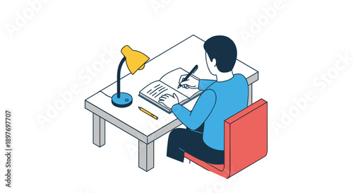 Man Writing at Desk with Lamp.