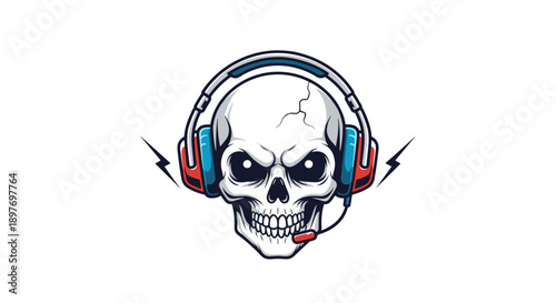 Skull Wearing Headphones with Tongue Out.