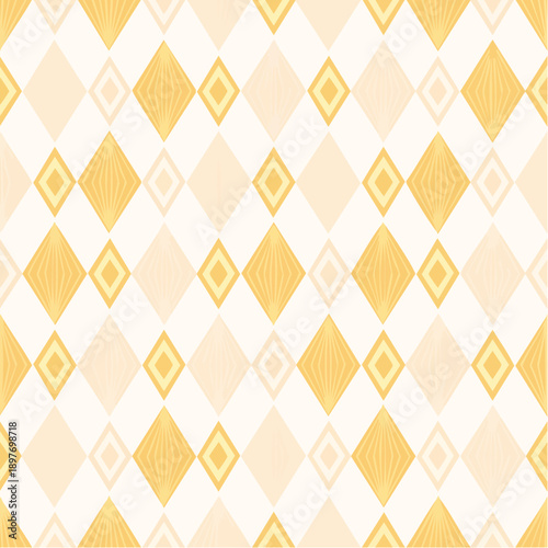 Circus carnival yellow and beige vintage seamless pattern. Soft harlequin rhombus background. Wrapping texture backdrop with diamond shape pattern. 