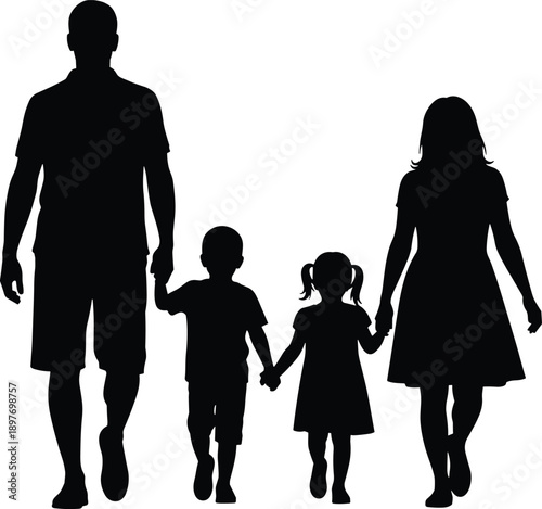 Vector, black, silhouette, of, a, happy, family, with, father, mother, son, and, daughter, walking, together, holding, hands, for, parenting, childhood, and, lifestyle, graphics